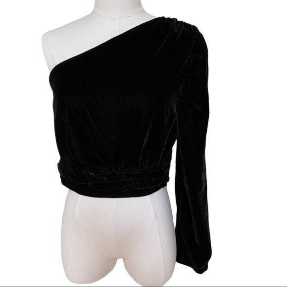 Free People Tell Me About It One-Shoulder Velvet Top, Black NWT - Picture 2 of 10